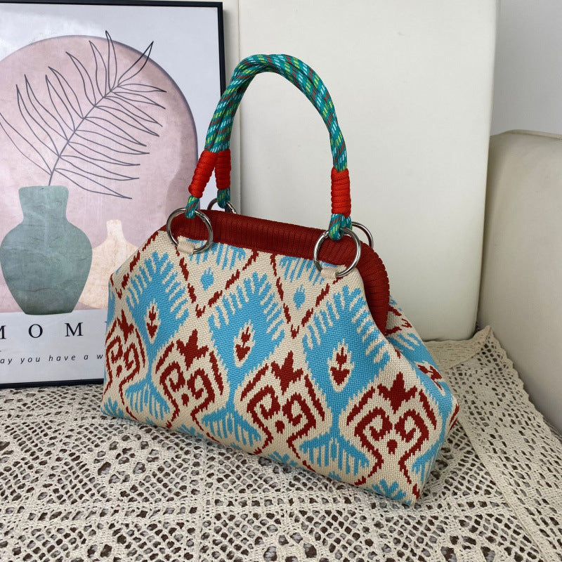 Geometric Woven Rope Handle Dumpling Top Handle Bag