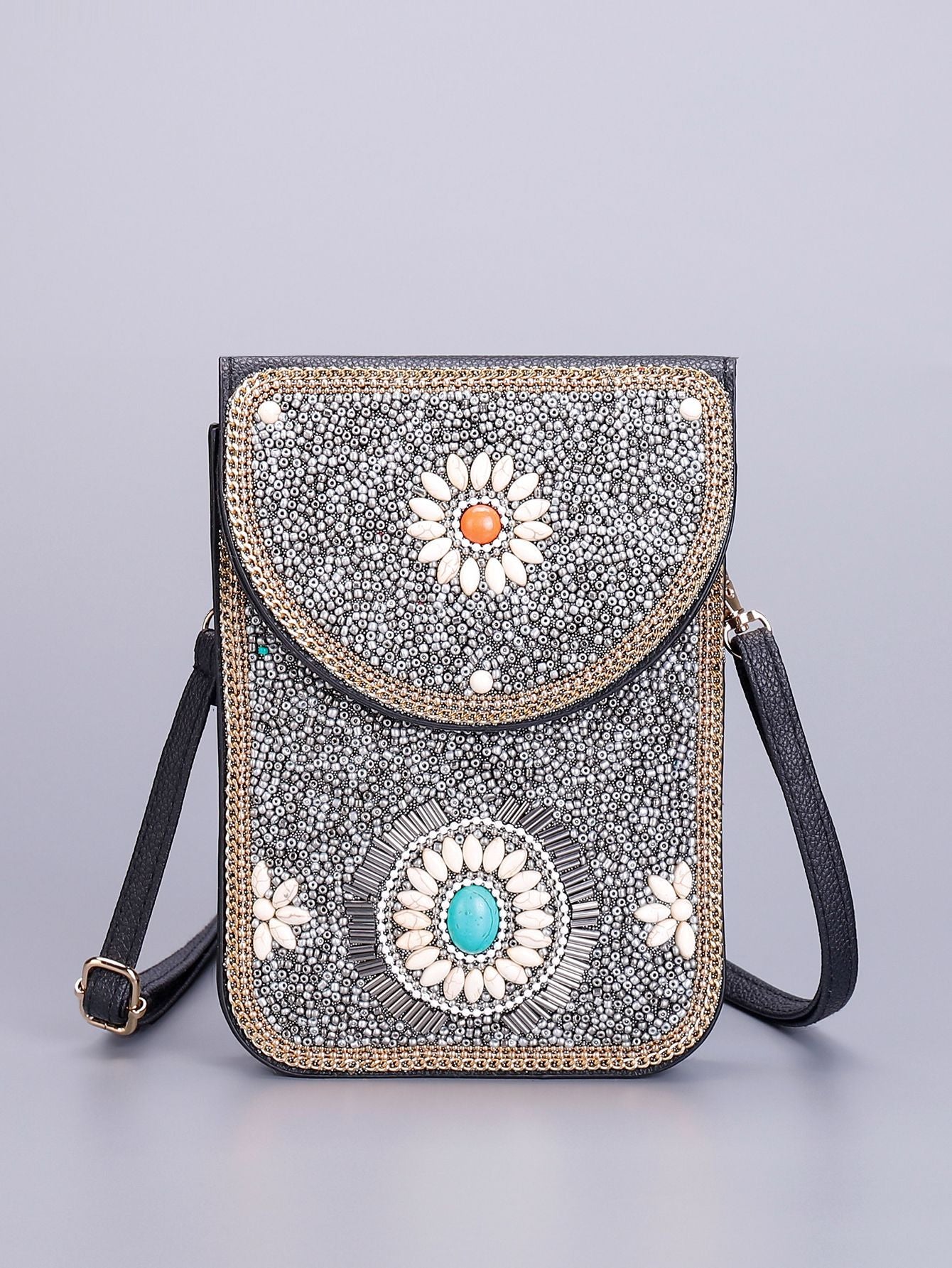 Women Ethnic Style Beaded Crossbody Bag, Handmade Turquoise Red Phone Bag
