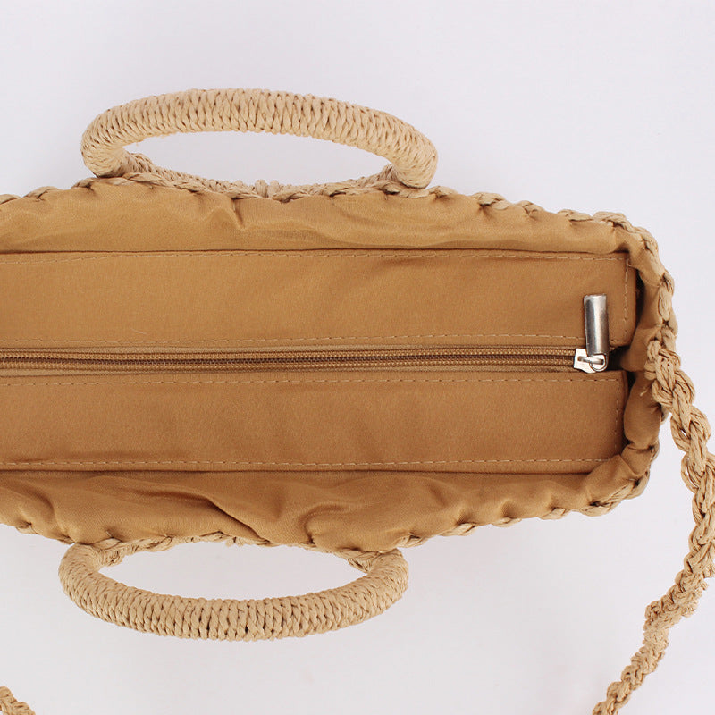 Women Solid Color Woven Beach Bag, Round Handle 2-in-1 Shoulder Handbag
