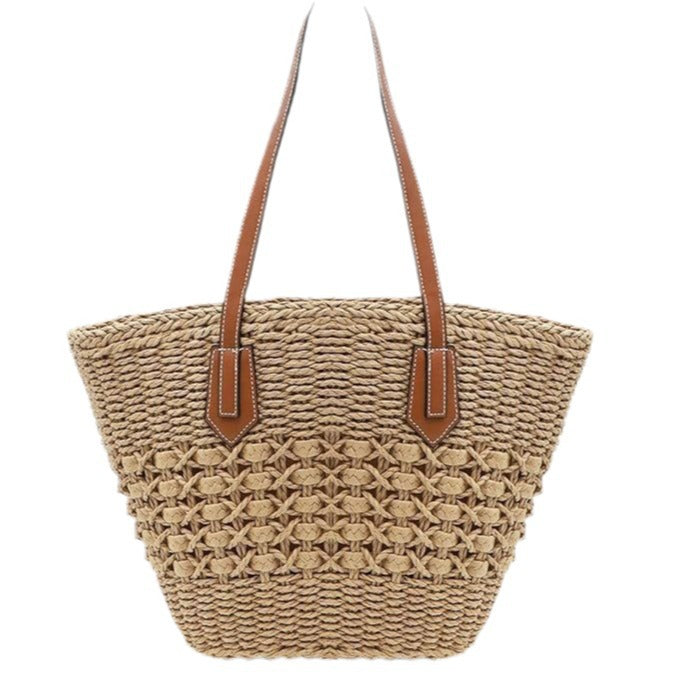 Large Capacity Flat Woven Straw Beach Basket