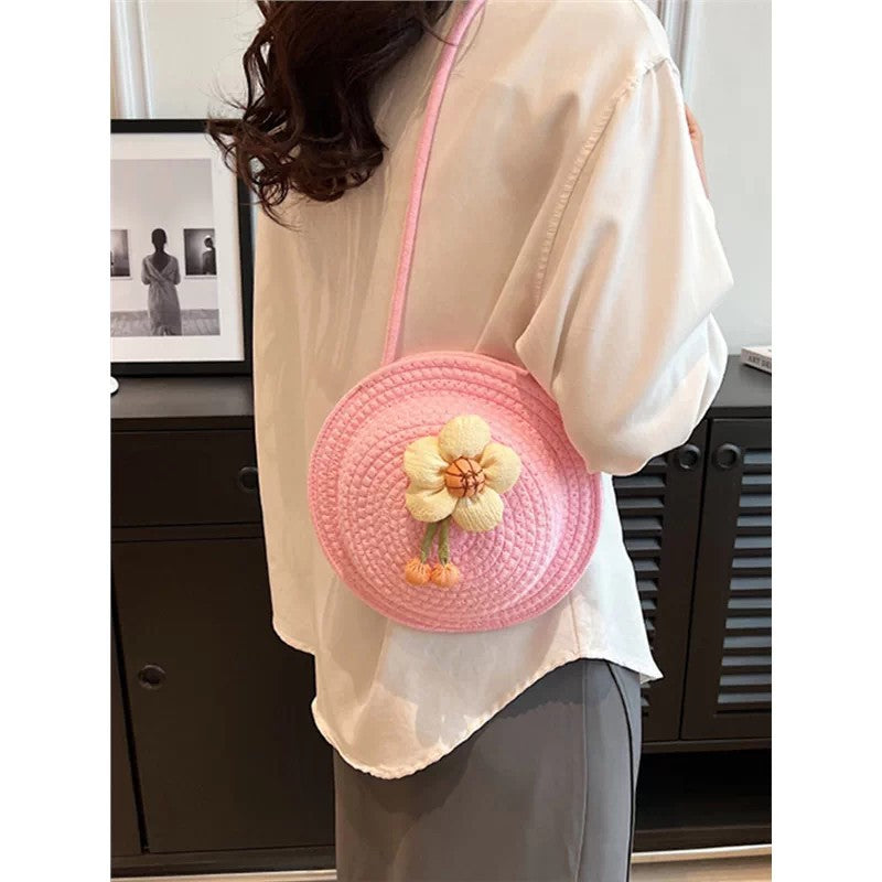 Women 2026 Summer Fashion Unique Straw Woven Crossbody Small Round Bag