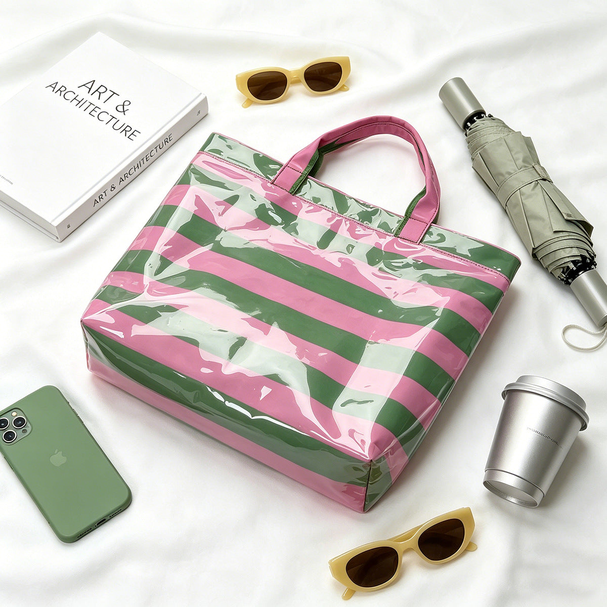 Glossy PVC Striped Waterproof Large Capacity Tote Bag