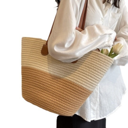 Women Cotton Rope Straw Large Korean Style New Woven Shoulder Tote Bag