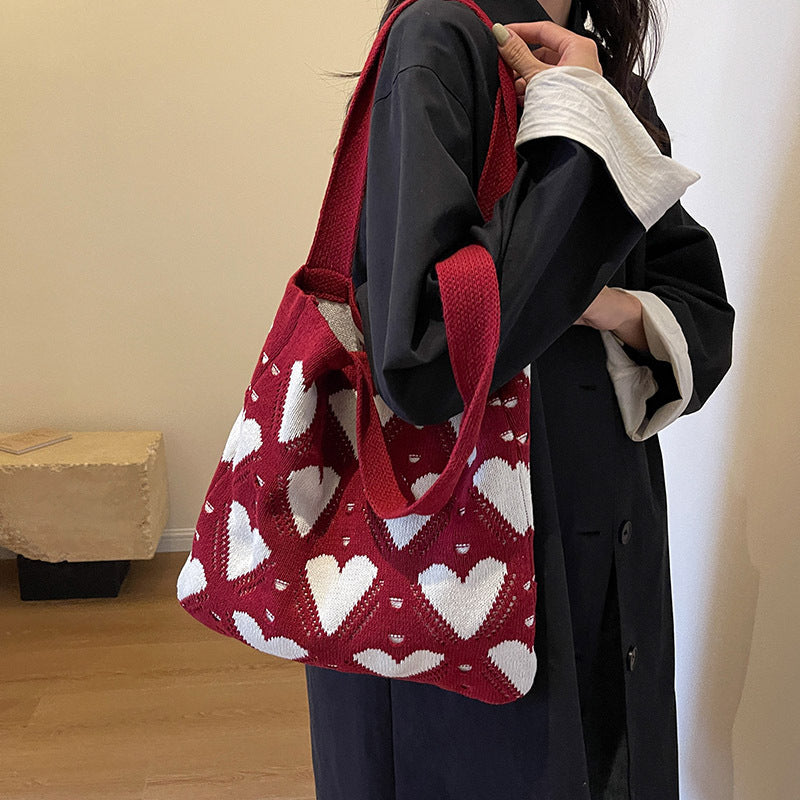 Heart Pattern Crochet Knit Shoulder Tote Bag