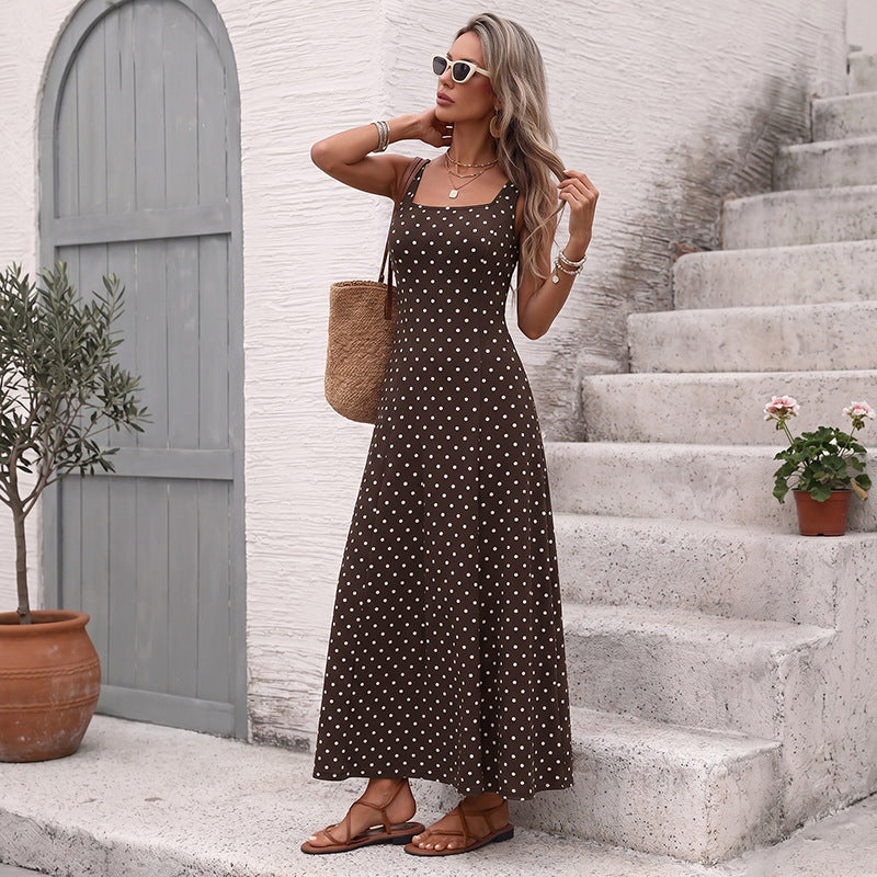 2026 Summer New Vintage Polka Dot Square Neck Waist Cinch Maxi Dress