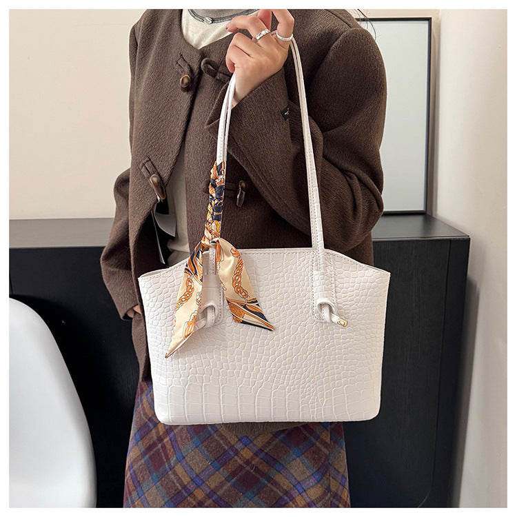 Crocodile Embossed Scarf Detail Zip Carry Tote Bag