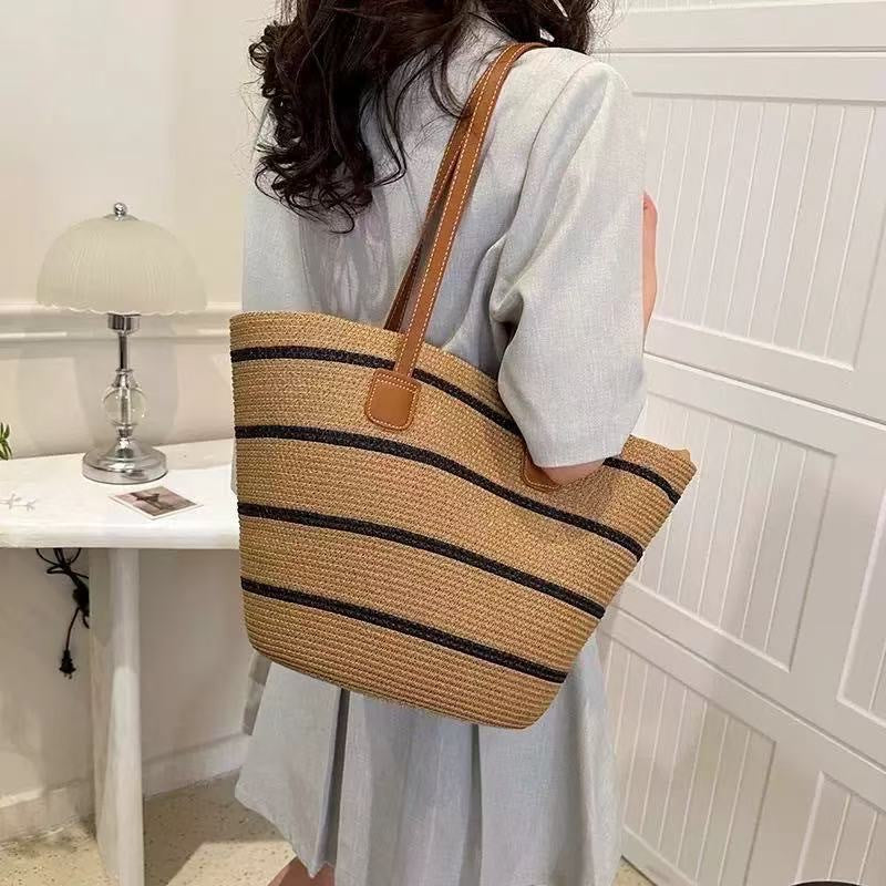 Women Straw Beach Black Stripe 2026 New Casual Summer Shoulder Tote Bag