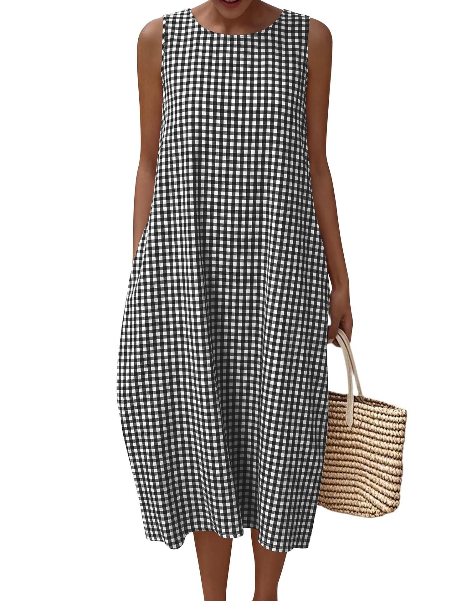 Women Pocket Loose Sleeveless Plaid Dress