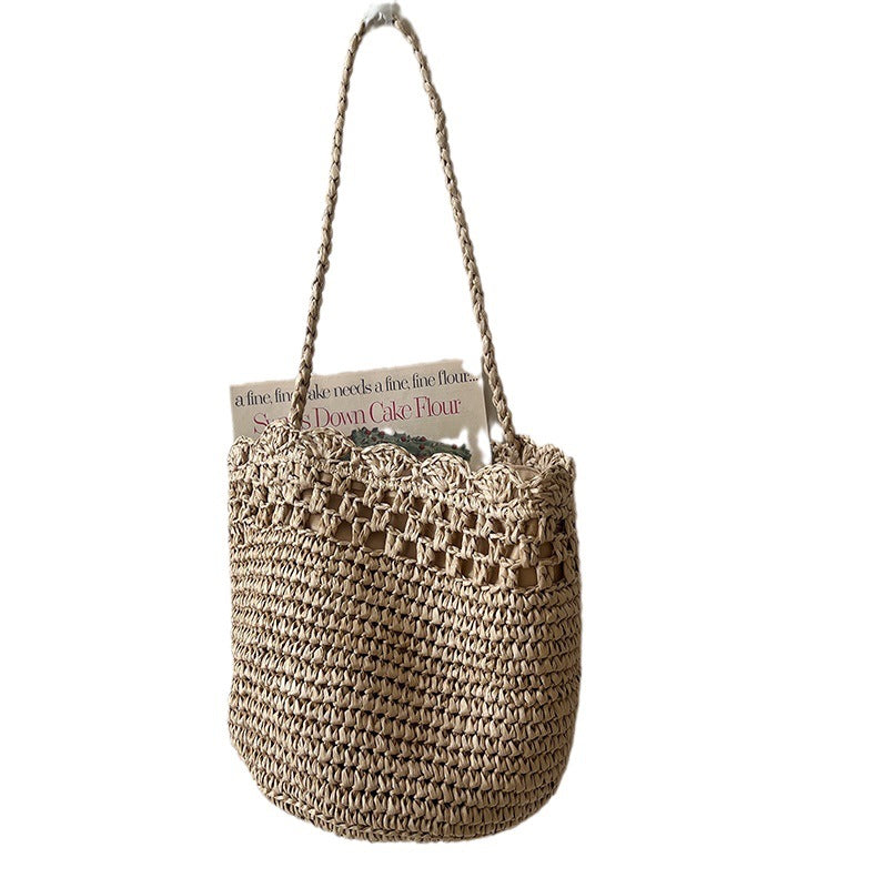 French Raffia One-Shoulder Hollow Lace Woven Beach Bag