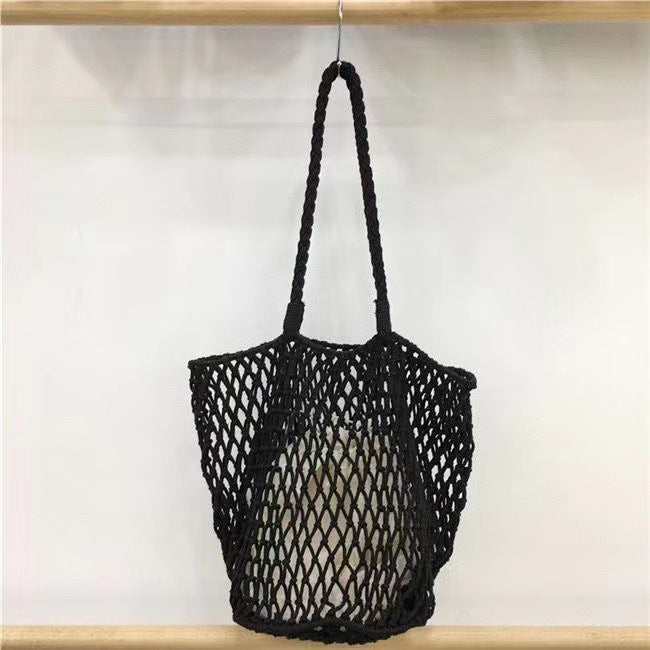 Women Simple Cotton Woven Large Mesh Shoulder Handmade Beach Bag