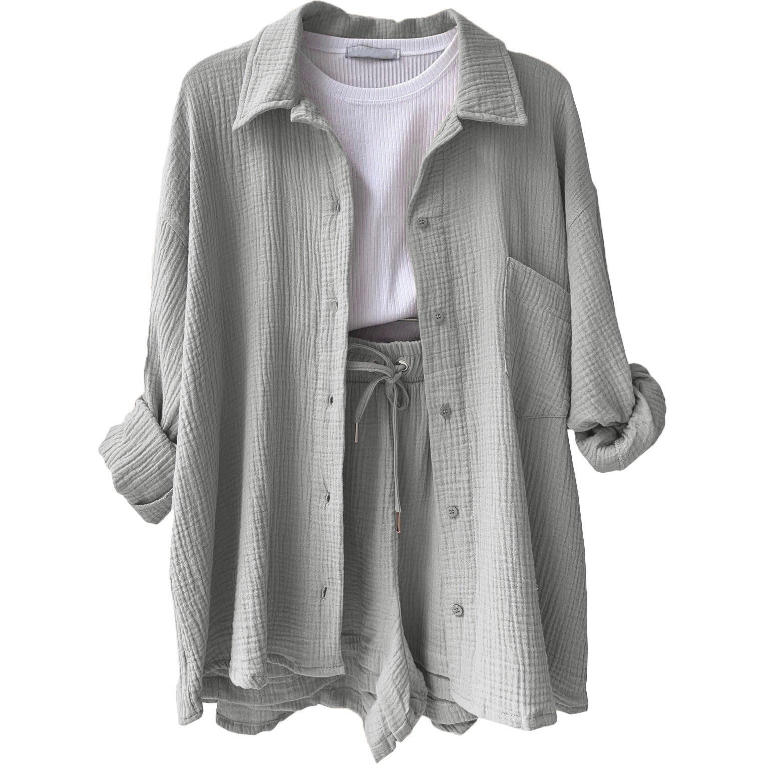 European And American Clothing Two-Piece Set Wrinkled Lapel Long-Sleeved Shirt High-Waisted Drawstring Shorts Large Size Fashion Casual Suit