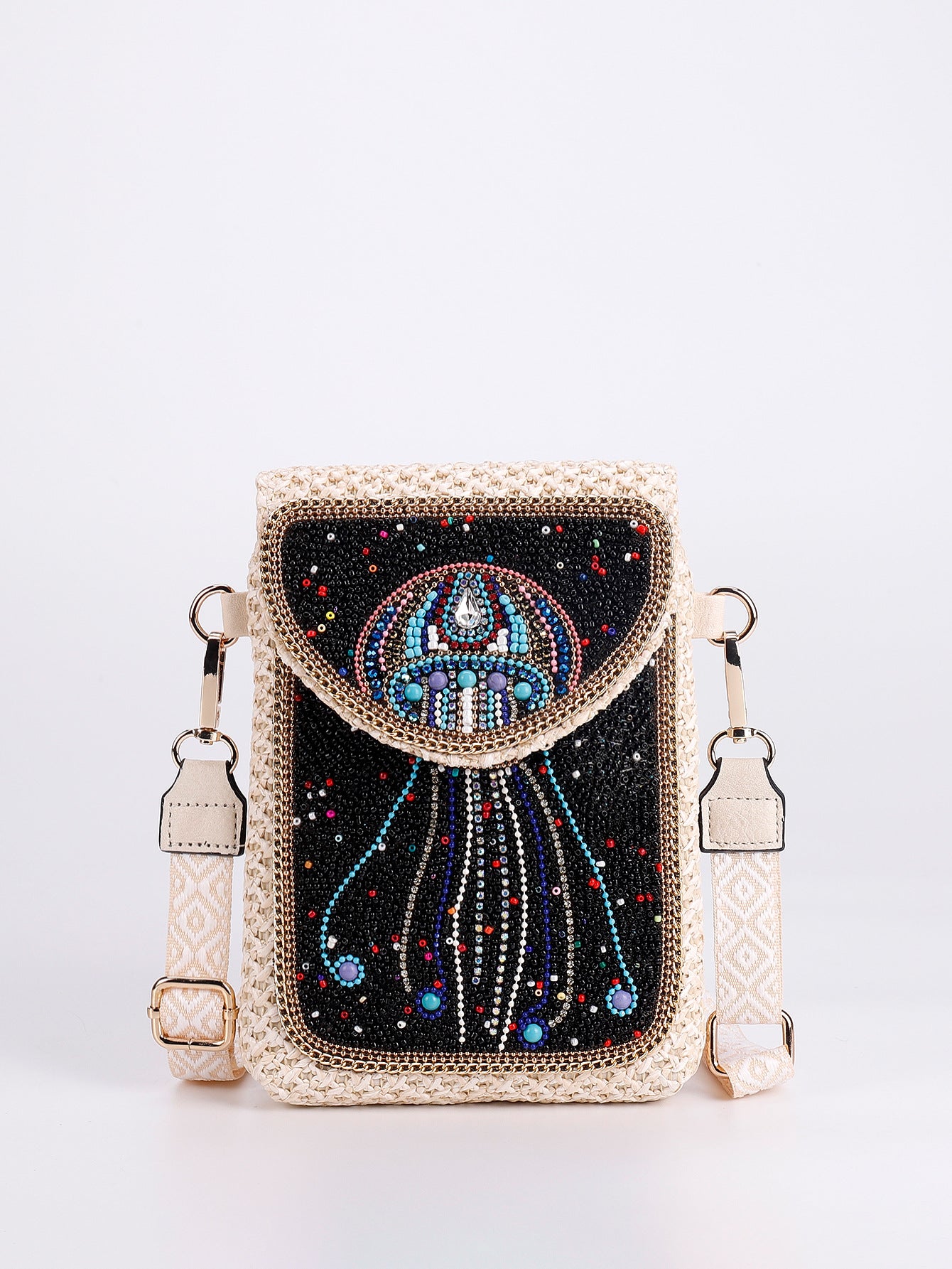 Women Luxury Straw Crossbody Bag, Fashion Beaded Woven Phone Shoulder Bag