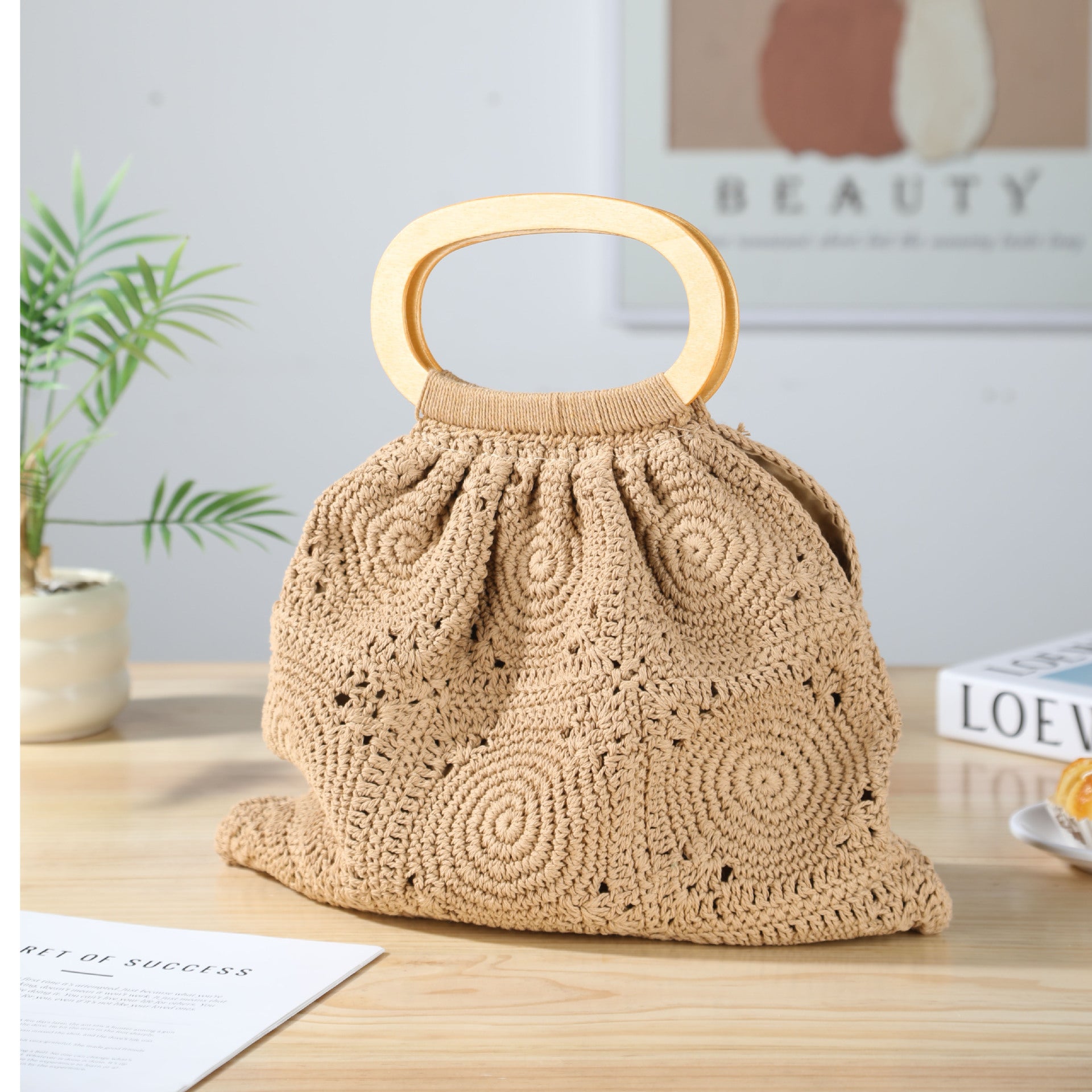 Boho Handwoven Crochet Tote Bag Handle Summer Purse