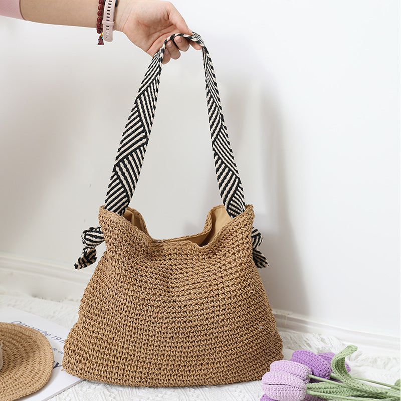 Women Korean Striped Straw 2026 New Solid Shoulder Vacation Bag