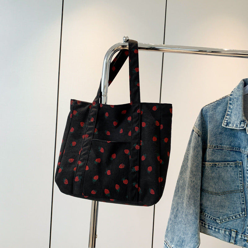 Strawberry Print Corduroy Zip Double Handle Tote Bag