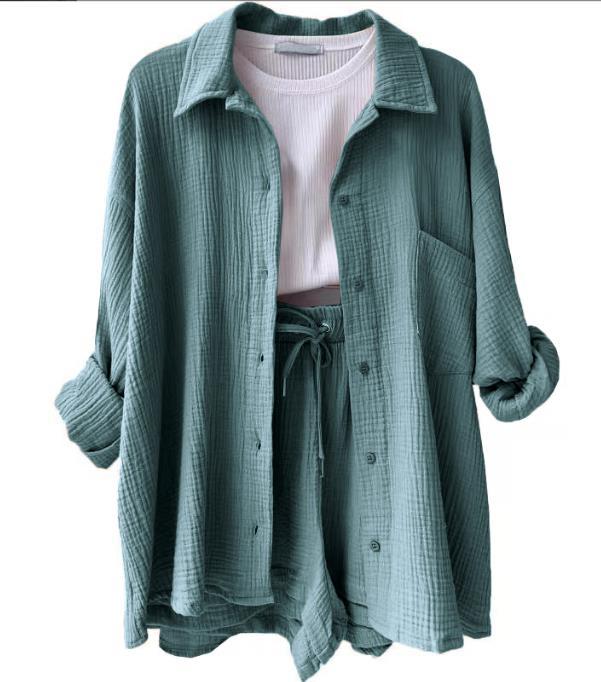 European And American Clothing Two-Piece Set Wrinkled Lapel Long-Sleeved Shirt High-Waisted Drawstring Shorts Large Size Fashion Casual Suit