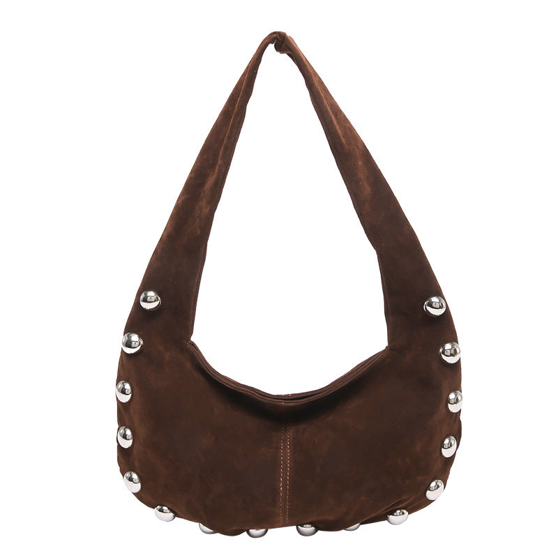 Suede Studded Hobo Shoulder Bag