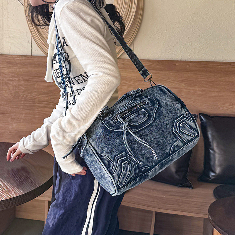 2026 Retro Washed Denim Tote Bag, Large Capacity Shoulder Crossbody Handbag