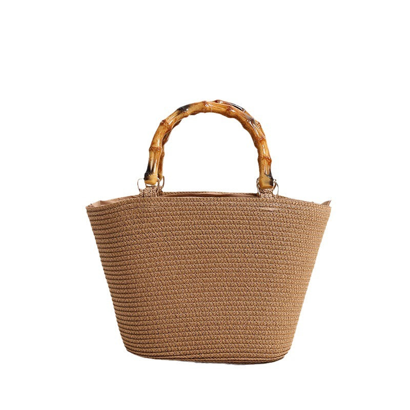 Women Bamboo Handheld Straw New Elegant Striped Woven Beach Bag
