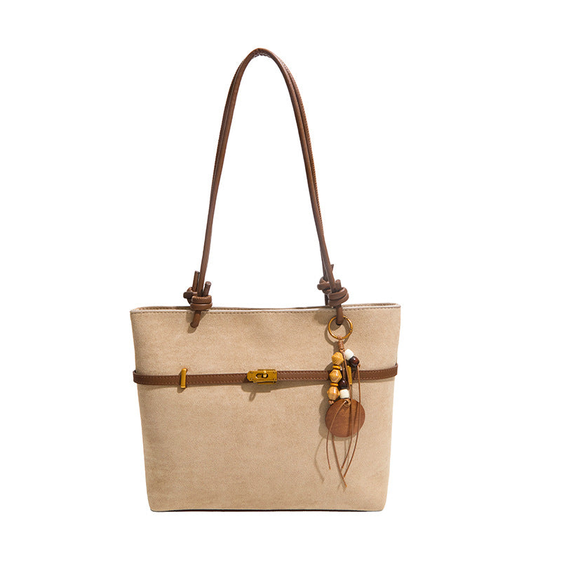 Suede Structured Buckle Detail Handbag with Long Shoulder Strap