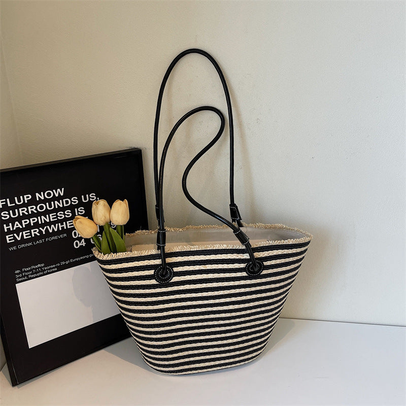 Women Unique Woven Large Striped Handheld Rustic Beach Bag
