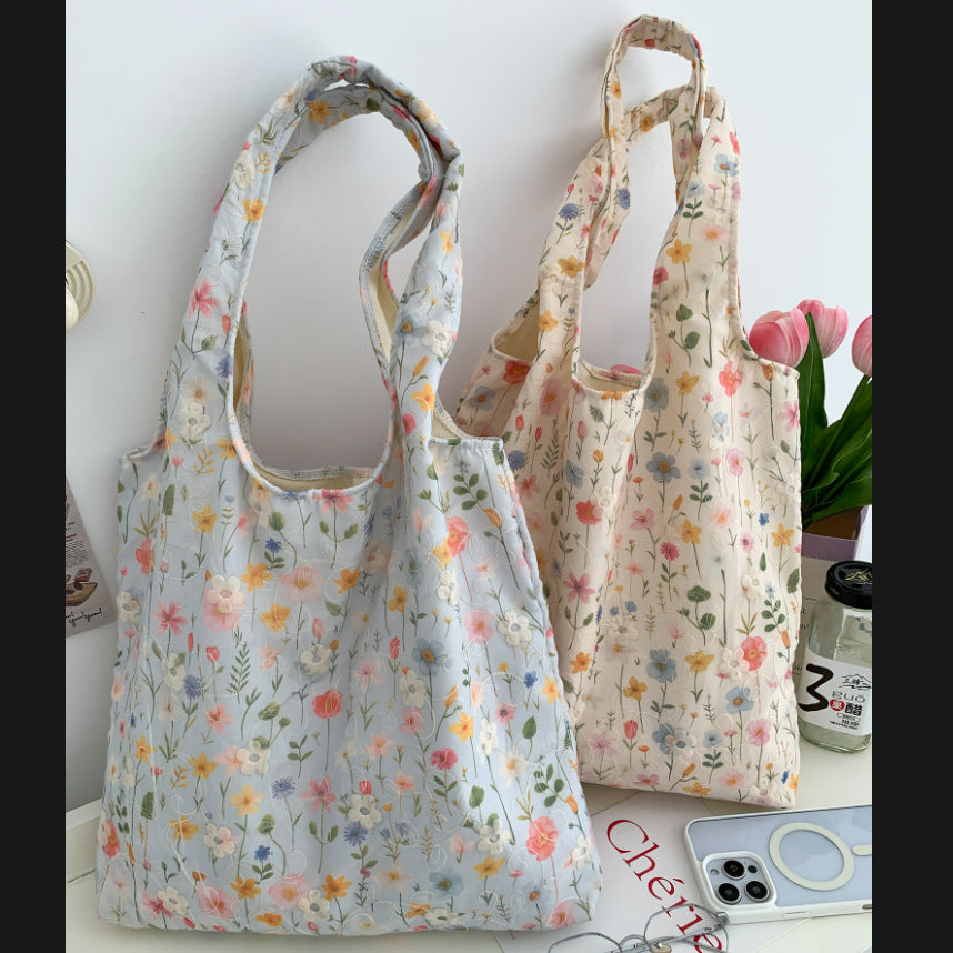 Embroidered Floral Canvas Shoulder Bag Fresh Versatile
