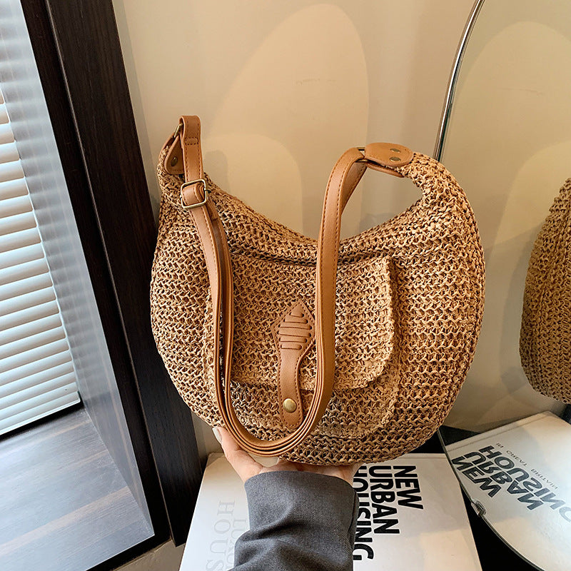 Women Casual Vacation Straw 2026 Summer New Versatile Shoulder Underarm Saddle Large Beach Bag