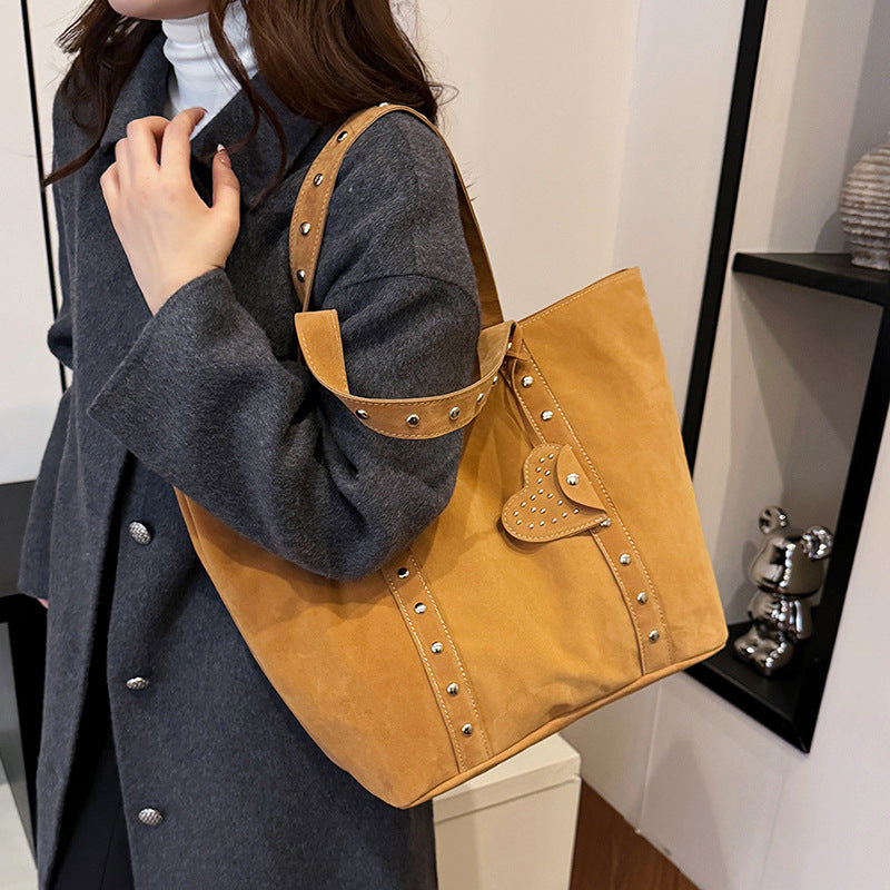 Vintage Suede-Look Studded Tote Bag with Heart Charm