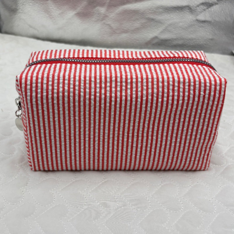 Seersucker Striped Cosmetic Bag Large Capacity Travel Toiletry Clutch Bag