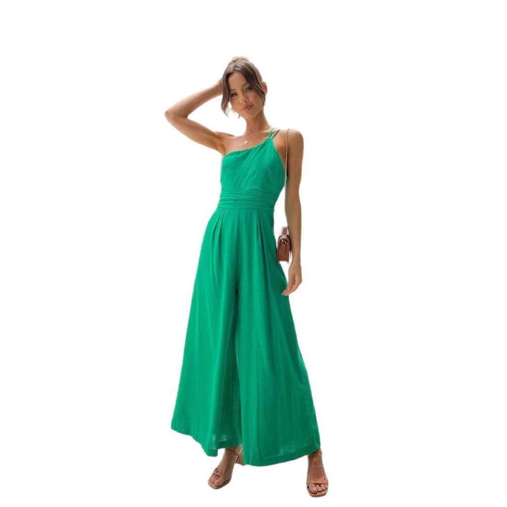 Solid Color Loose Wide-Leg Cotton Linen Jumpsuit