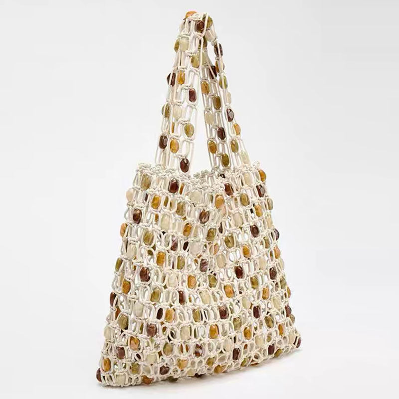 Women Summer New Beaded Fashion Unique Woven Hollow Beach Bag