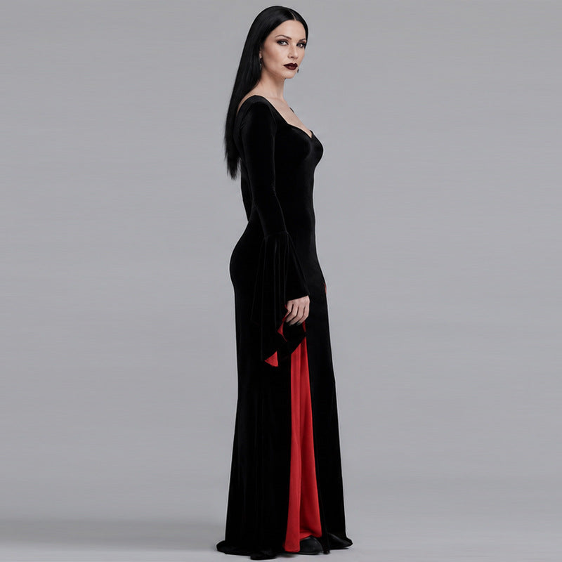 Halloween Gothic Black Velvet Maxi Dress with Red Satin Panel