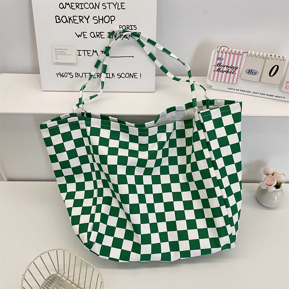 Retro Green Plaid Canvas Commuter Tote