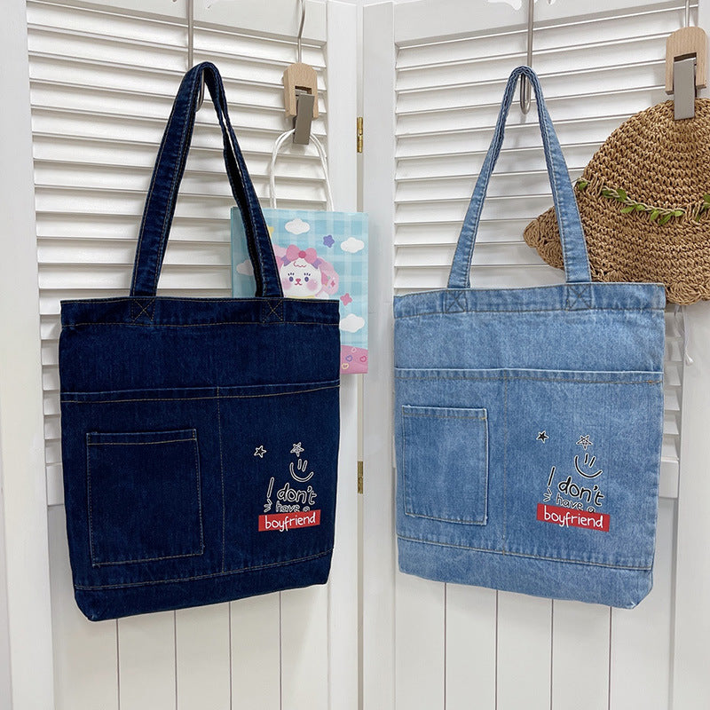 Cross-Border Denim Bag Shoulder Bag Women'S Casual Simple Korean Style Girls' Tote Bag Canvas Student Portable Tutoring Bag