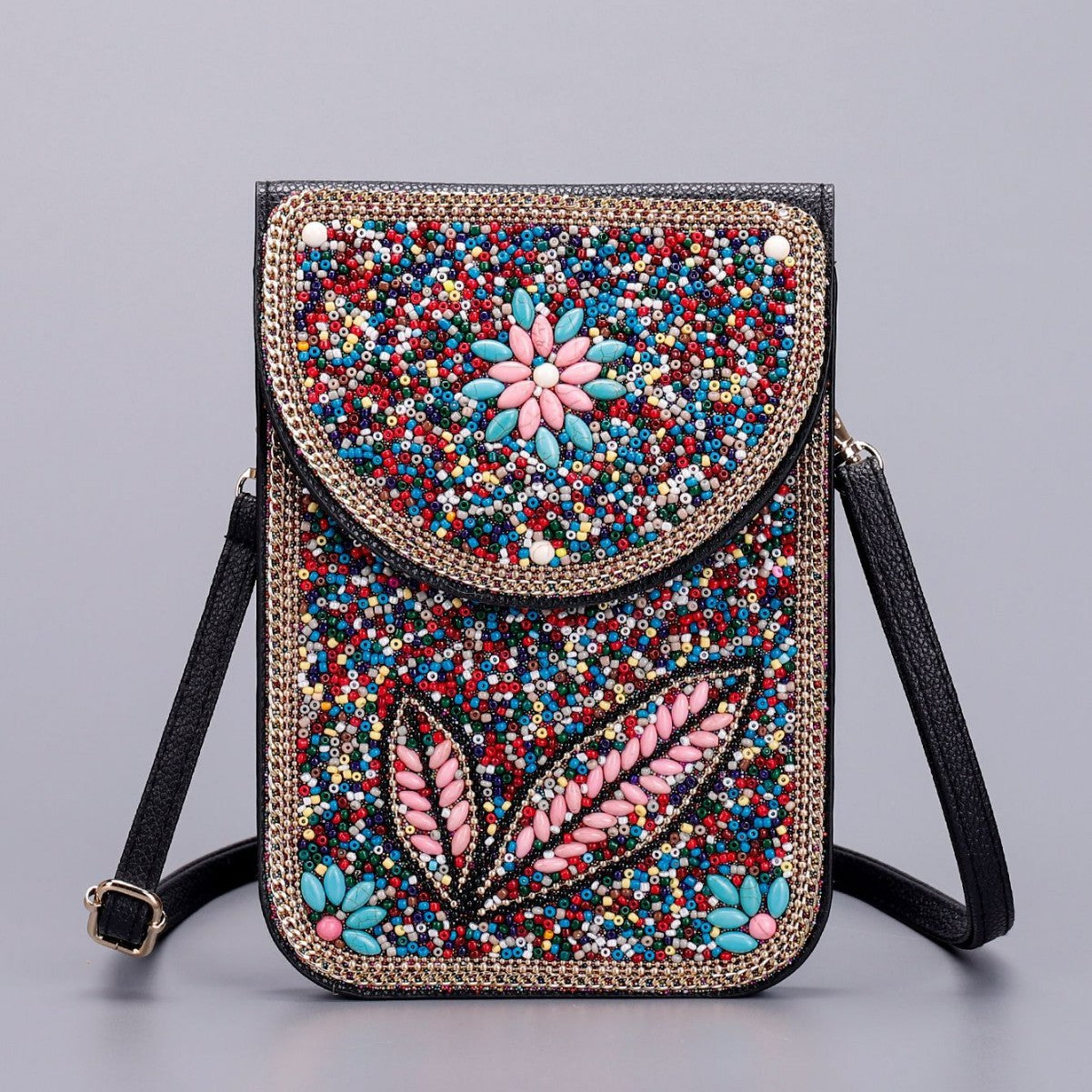 Women Ethnic Style Beaded Crossbody Bag, Handmade Turquoise Red Phone Bag