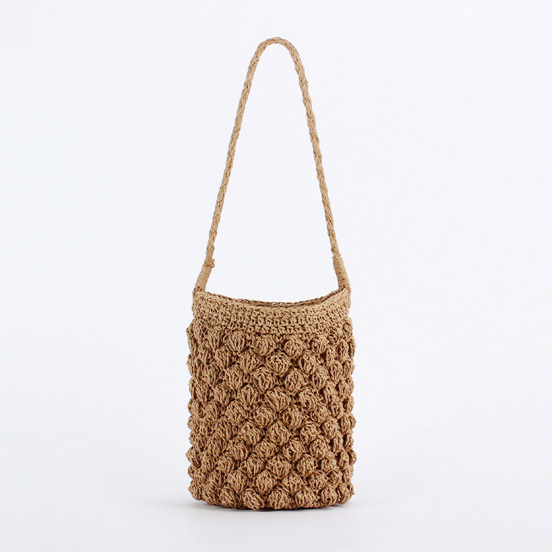 Women Cylindrical Paper Rope Woven Bucket Beach Vacation Handbag