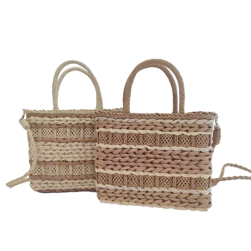 Striped Woven Crossbody Bag, Lightweight Straw Basket Bag