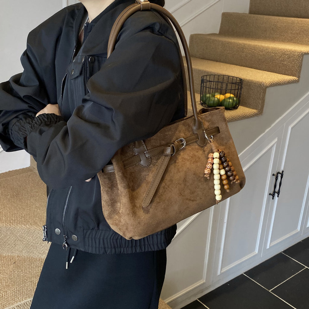 Soft Textured Belted Shoulder Bag with Beaded Charm