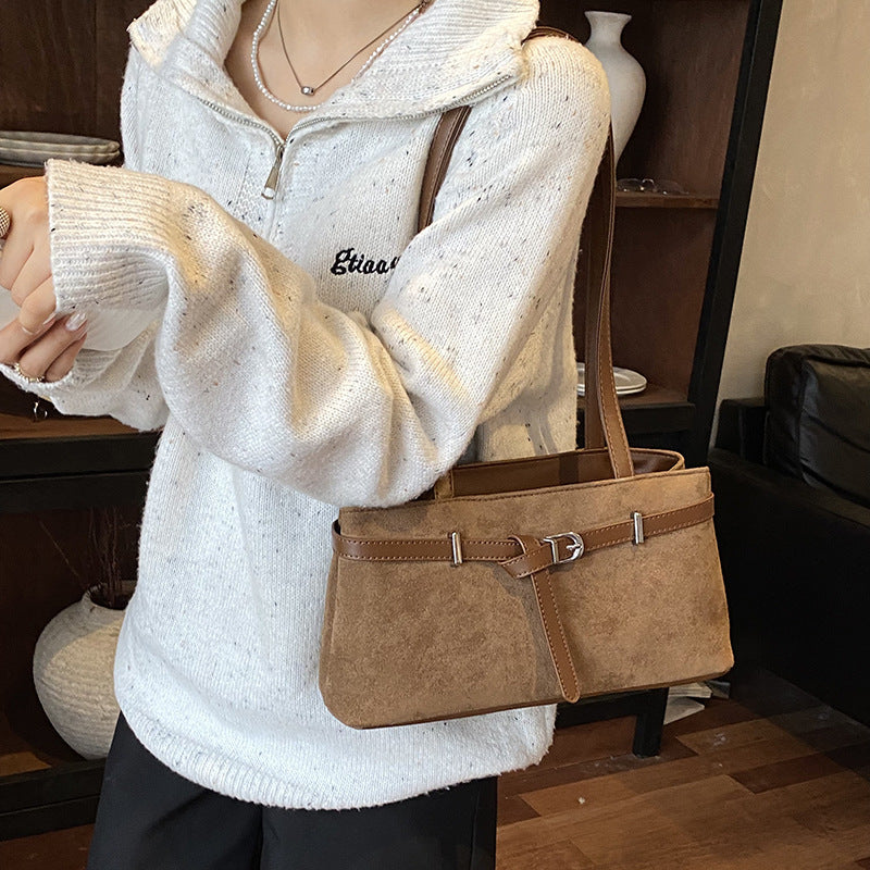 Elegant Suede Shoulder Bag with Buckle Detail