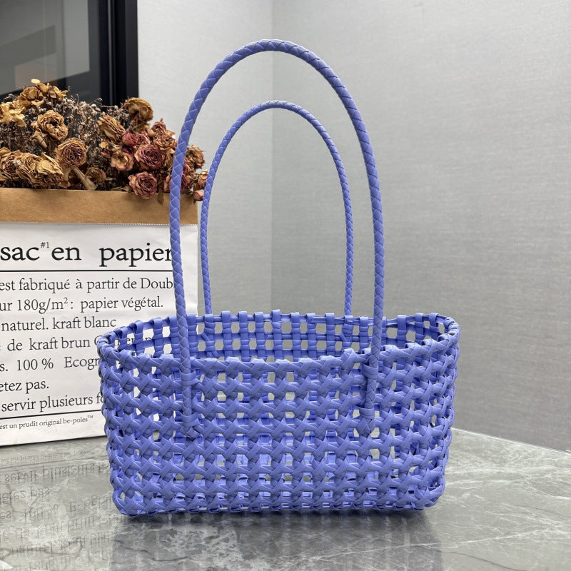 Candy Color Hollow Woven One-Shoulder Beach Bag
