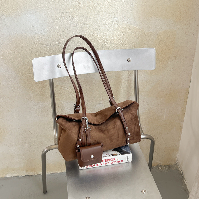 Vintage Suede Shoulder Bag with Mini Pouch and Adjustable Strap