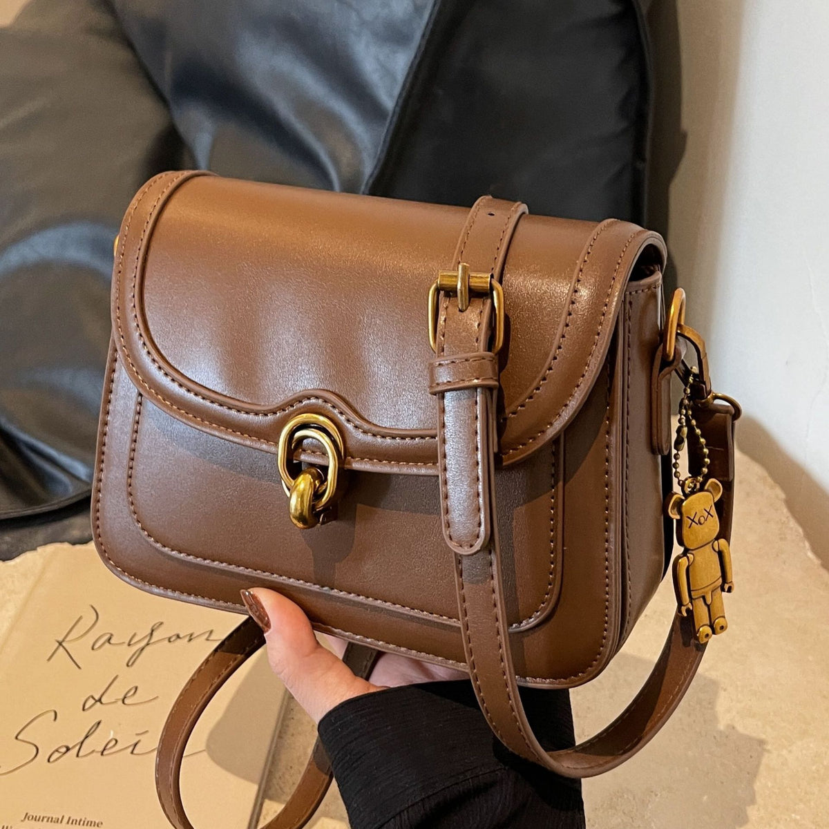 PU Leather Flap Crossbody Bag with Metal Clasp