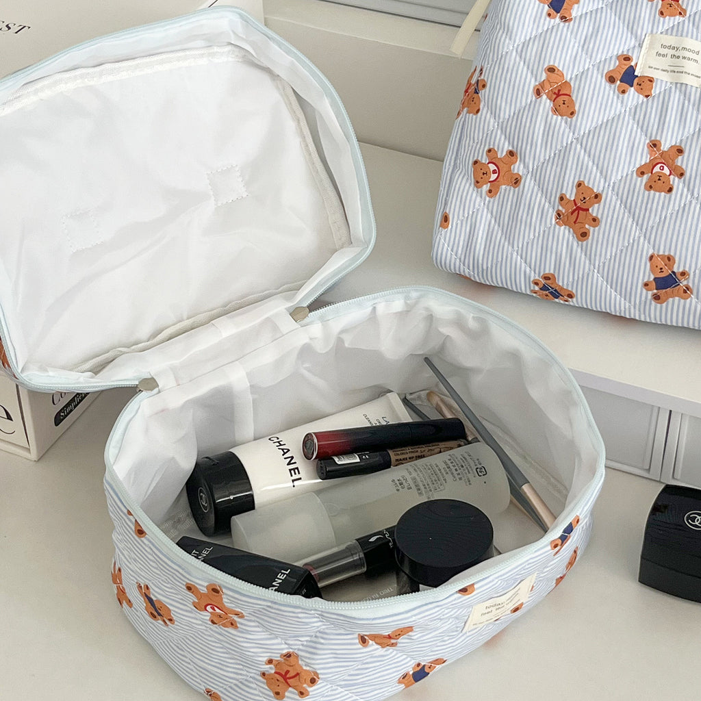 Striped Bear Large Capacity Quilted Cosmetic Bag