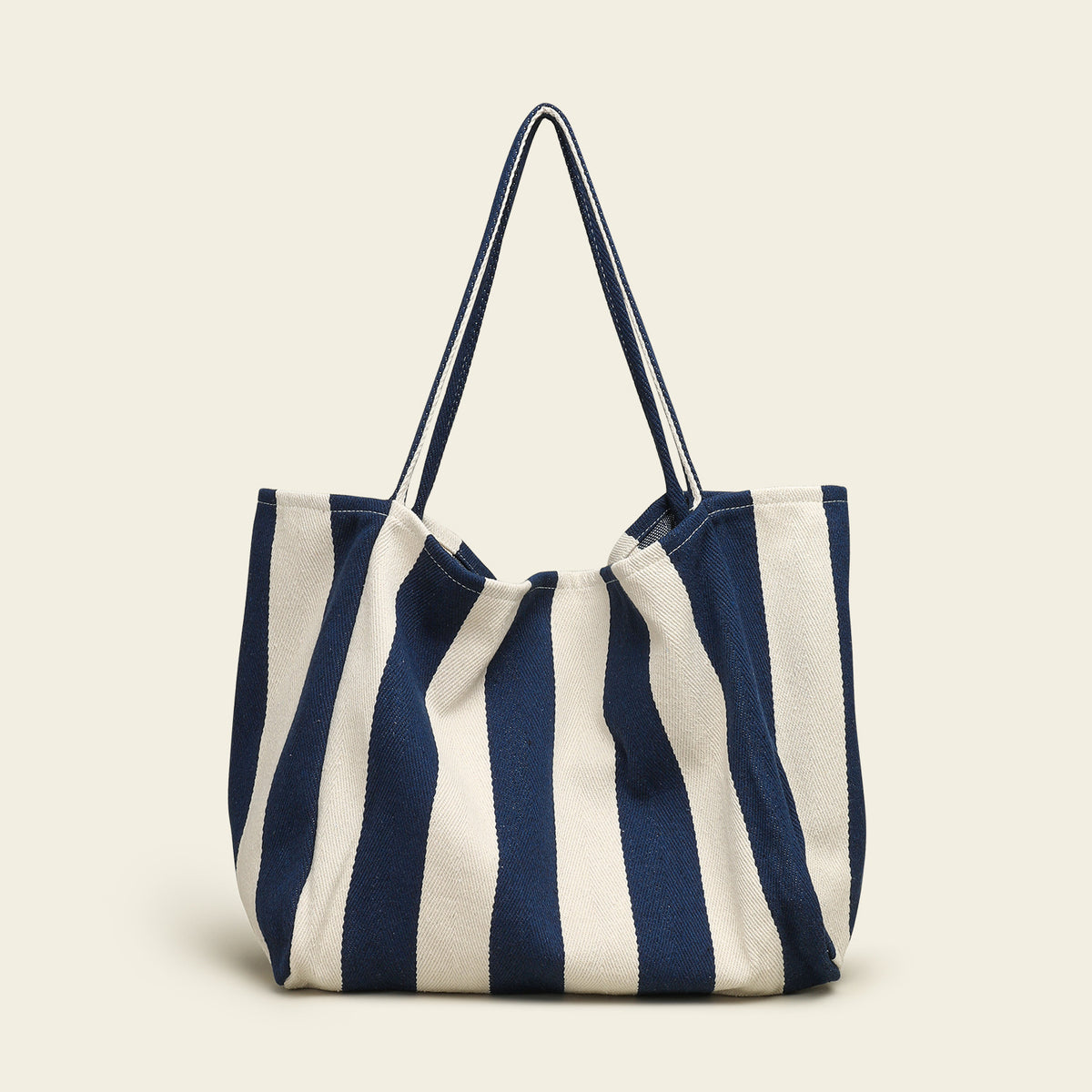 Contrast Stripe Large Capacity Soft Canvas Tote Bag