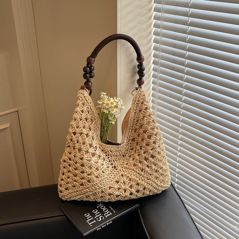 Women Summer Hollow Straw 2026 New Vintage Wood Bead Shoulder Beach Bag