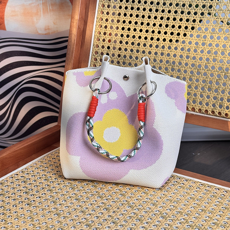 Floral Print Braided Handle Knit Bucket Bag