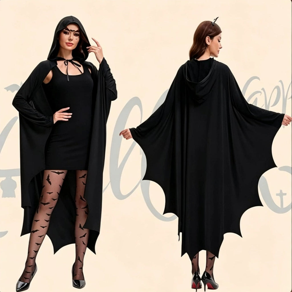 Black Gothic Halloween Hooded Bat Cape with Wing-Shaped Hem