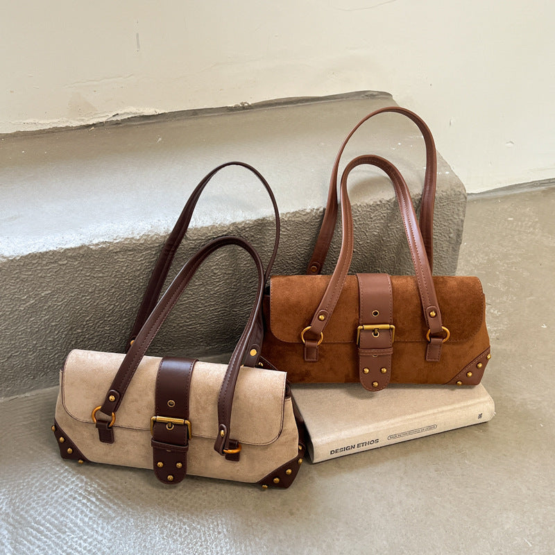 Chic Studded Suede Shoudler Bag with Buckle Detail