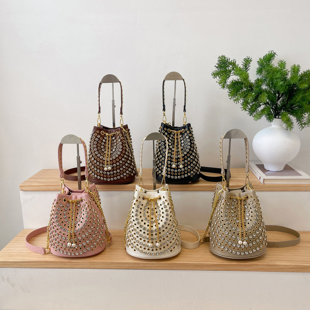 Rhinestone Studded Drawstring Bucket Shoulder Bag