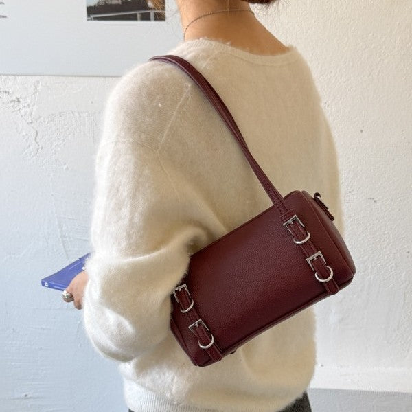 Vintage Barrel Bag with Double Buckle Accents